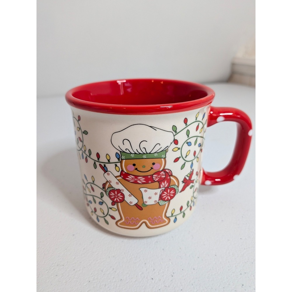 Seasonal Gingerbread Man Christmas Lights Coffee Mug Whimsy Polka Dots 16oz